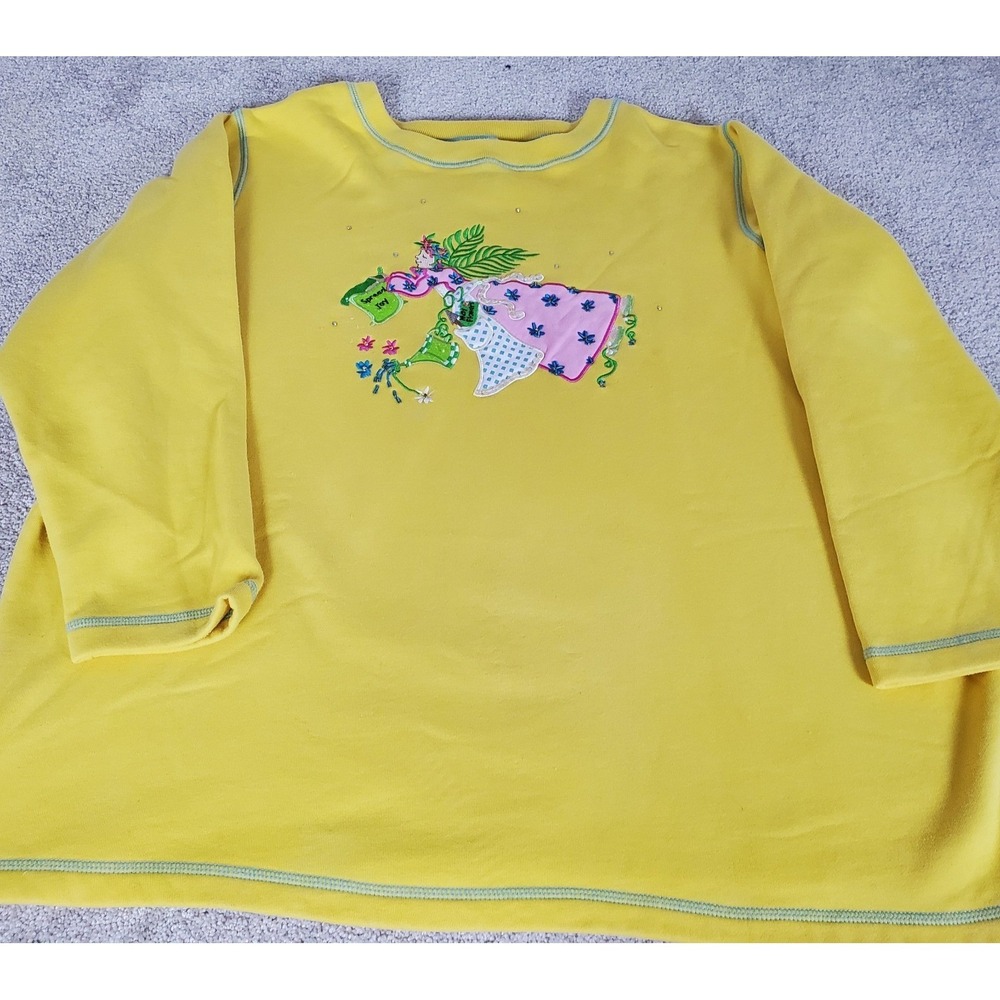 Quacker Factory Sweatshirt Women 2X Yellow Garden Angel Applique
